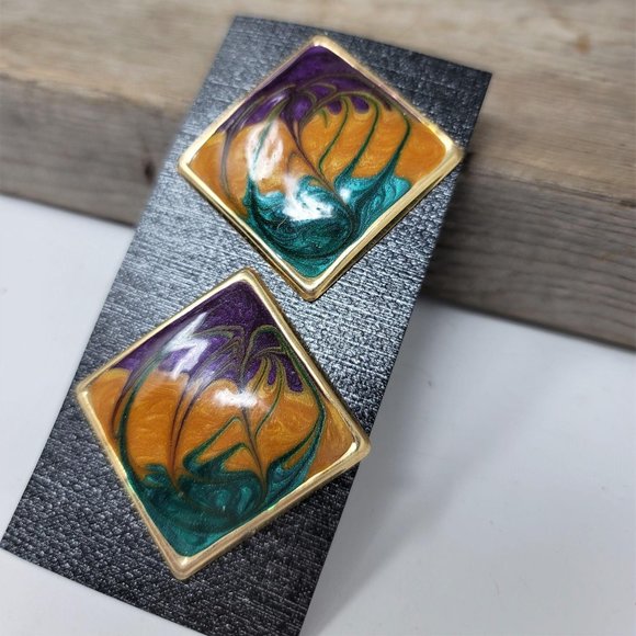 Vintage Enameled Statement Earrings Pierced - Picture 4 of 5